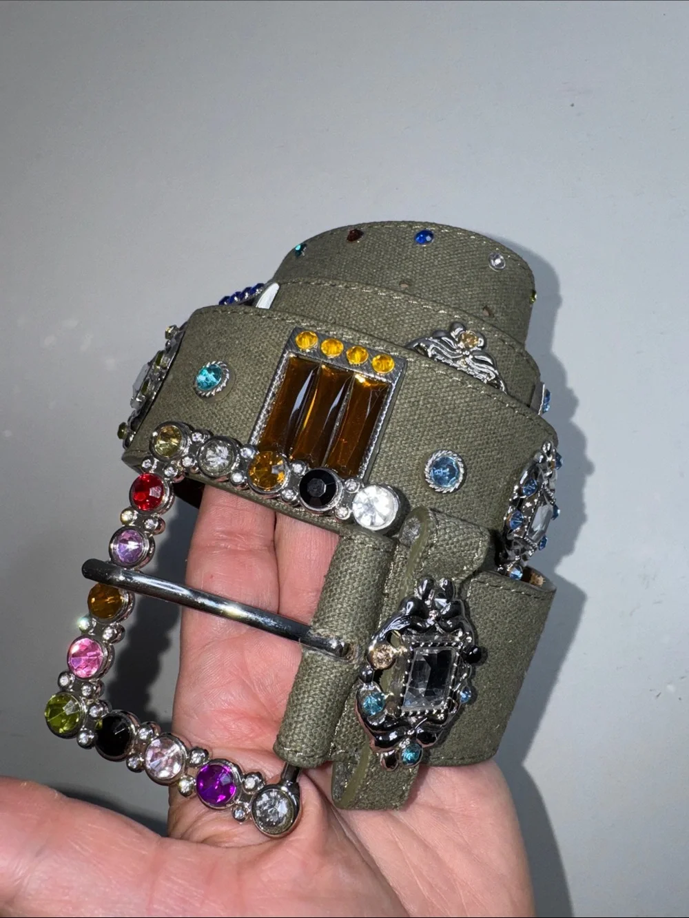 Vintage Olive Green Jeweled Statement Belt – Multicolor Rhinestone Buckle – Boho